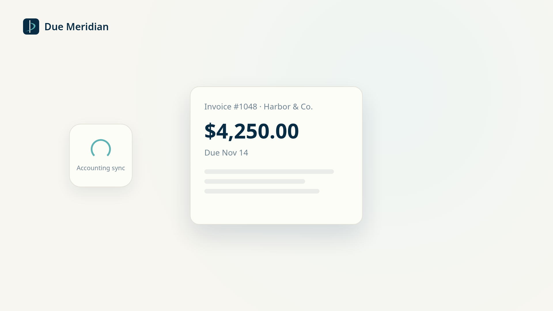 An invoice card from Due Meridian with an accounting sync badge